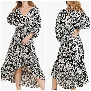 Umgee Ivory Black Animal Print High Low Flowy Summer Midi Dress Womens sz S